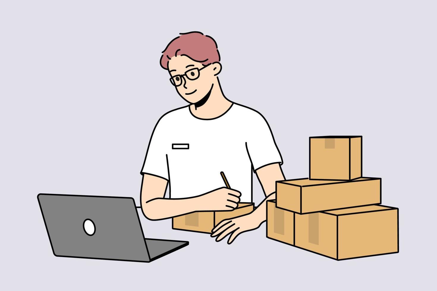 jong Mens in bril kijken Bij laptop teken pakketten Bij na. glimlachen mannetje arbeider schrijven adres en ontvanger Aan pakket in post- kantoor. vector illustratie.