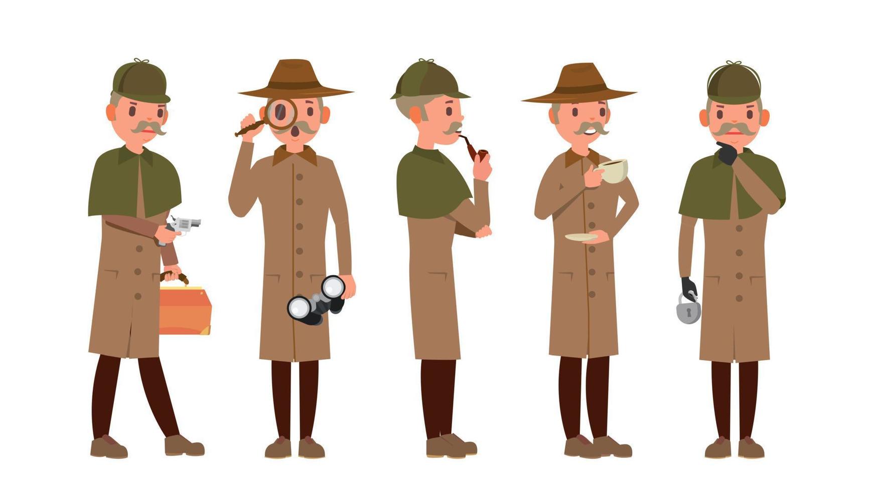 klassiek detective vector. retro professioneel grappig snuffelen, sjamoes. op zoek naar door vergroten glas. speuren, vermommen. vlak tekenfilm illustratie vector