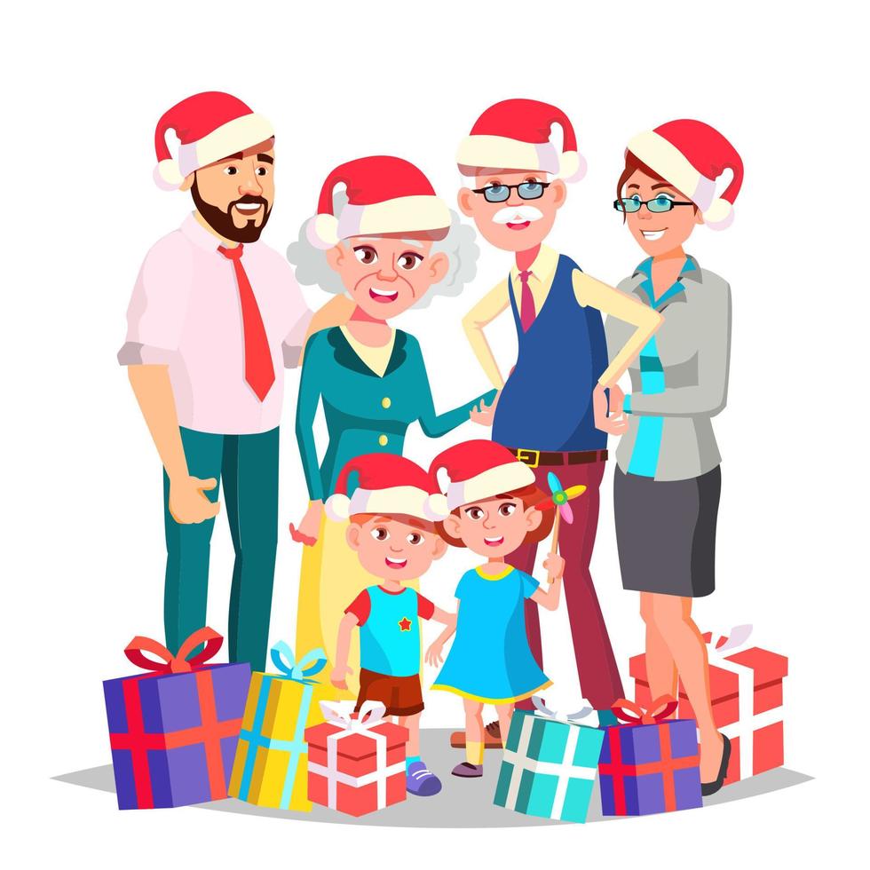 Kerstmis familie vector. vol familie. portret. winter vakantie. in de kerstman hoeden. pa, moeder, kinderen, grootouders. poster, reclame sjabloon. geïsoleerd tekenfilm illustratie vector