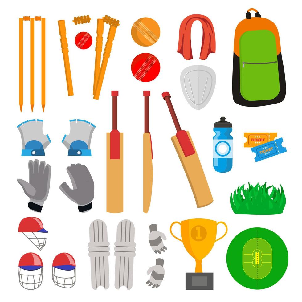 krekel pictogrammen reeks vector. cricketspeler accessoires. knuppel, handschoenen, helm, bal, beker, spelen veld. geïsoleerd vlak tekenfilm illustratie vector