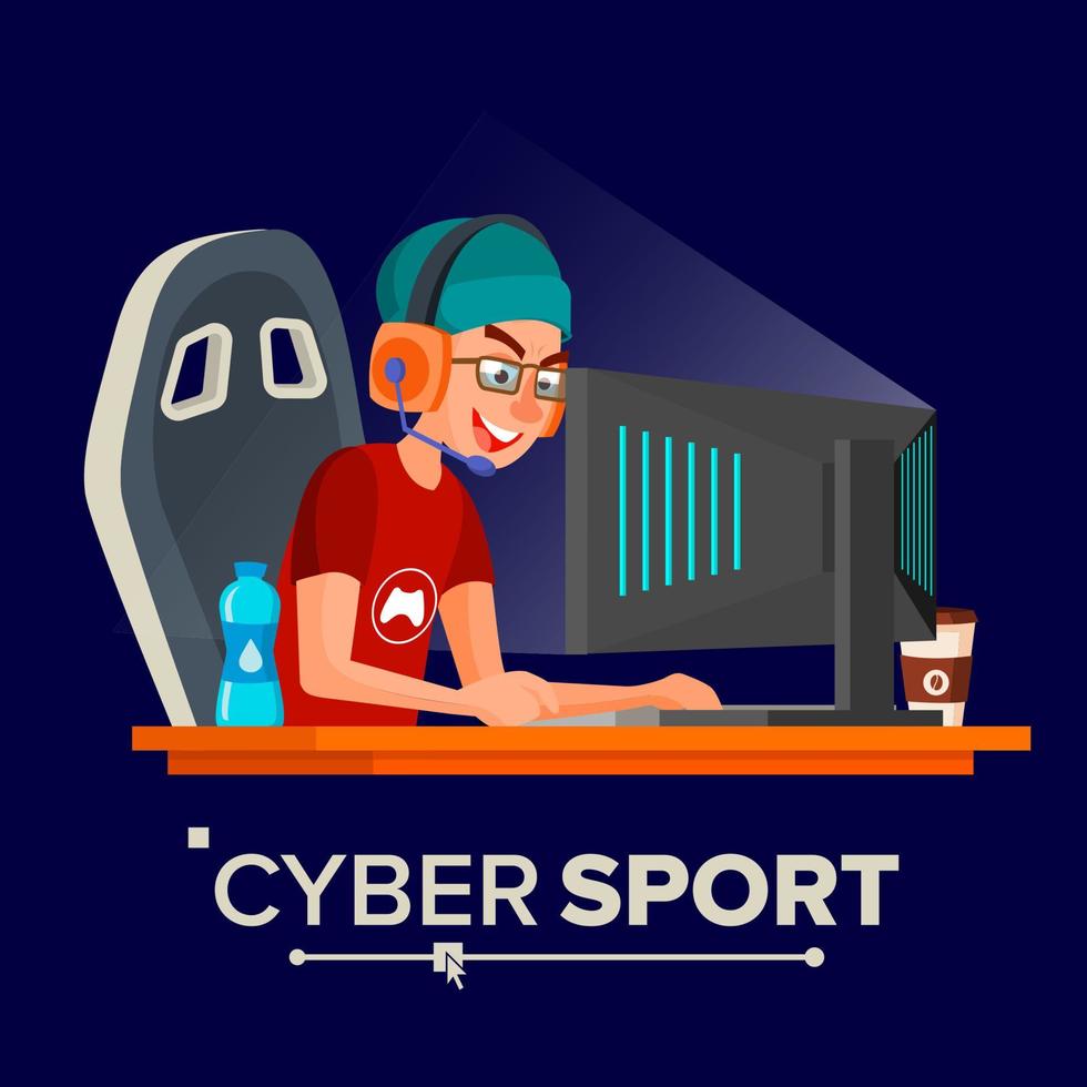 cyber sport speler vector. zittend Bij de tafel. cyber sport toernooi. competitief mmorpg. laatste wedstrijd. spel tactiek. vlak tekenfilm illustratie vector