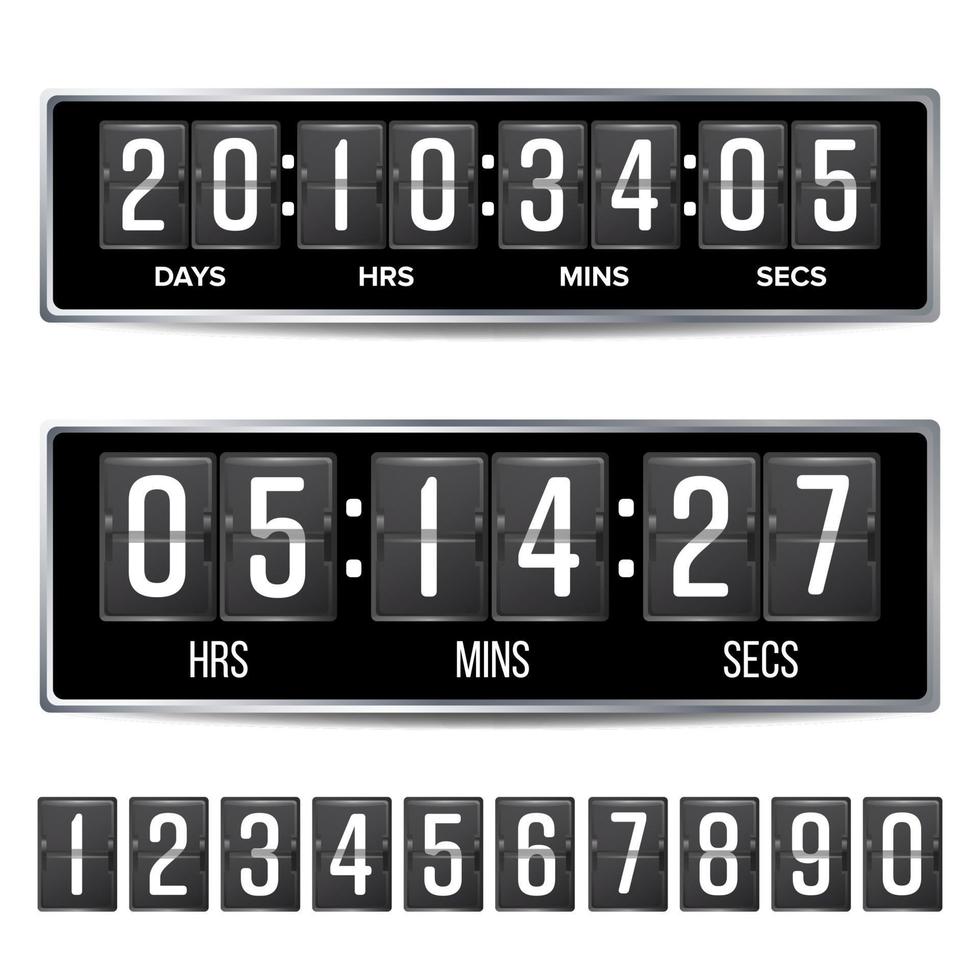 omdraaien countdown timer vector. analoog zwart digitaal scorebord sjabloon. met dagen, uur, minuten, seconden. geïsoleerd illustratie vector