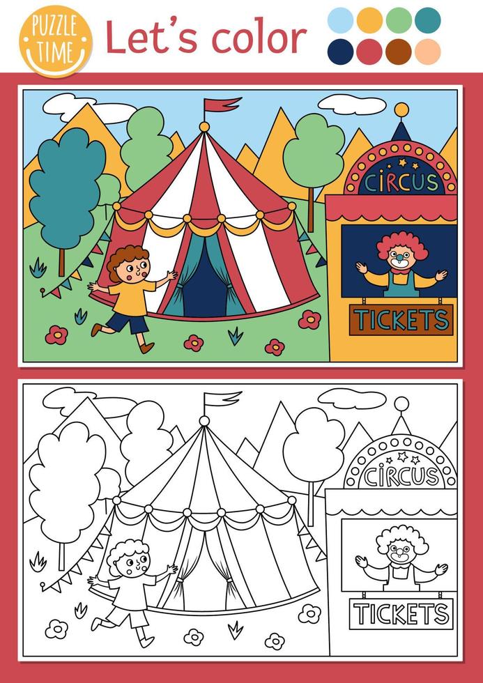 kleur bladzijde voor kinderen met schattig circus tafereel. vector amusement tonen schets illustratie met schattig feesttent, clown, jongen rennen voor ticket. kleur boek voor kinderen met gekleurde voorbeeld