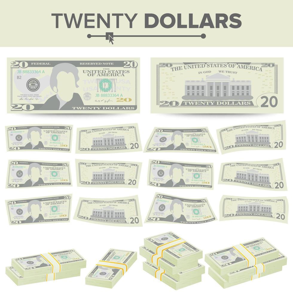 20 dollars bankbiljet vector. tekenfilm ons munteenheid. twee zijden van twintig Amerikaans geld Bill geïsoleerd illustratie. contant geld symbool 20 dollars stapels vector