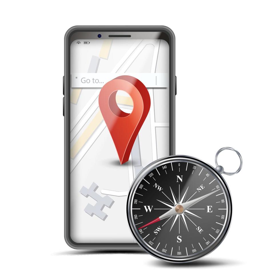 GPS app concept vector. mobiel slim telefoon met GPS kaart en navigatie kaart kompas. stuks navigatie systeem. rood wijzer. geïsoleerd illustratie vector