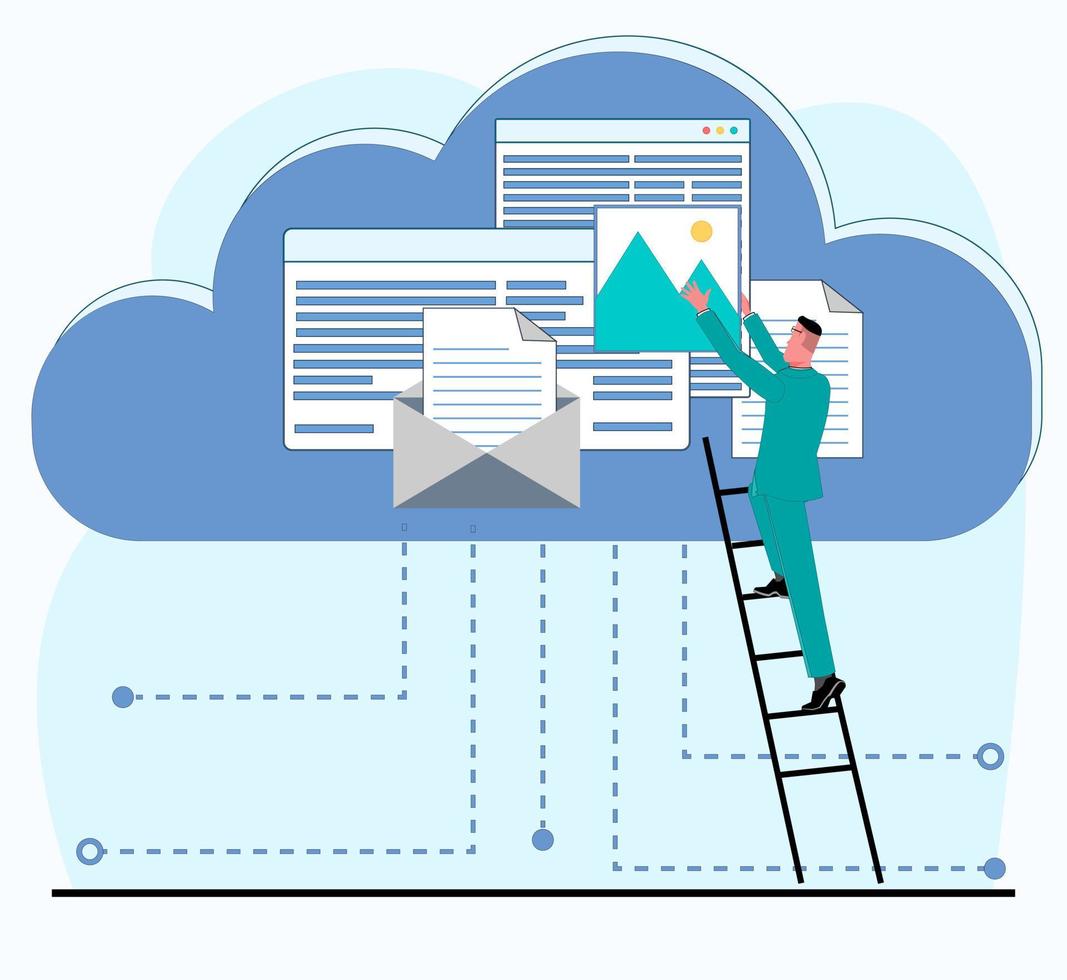 een geslaagd zakenman in een pak klimt de ladder naar de wolk naar zetten een het dossier in de wolk opslagruimte met documenten vector vlak illustratie