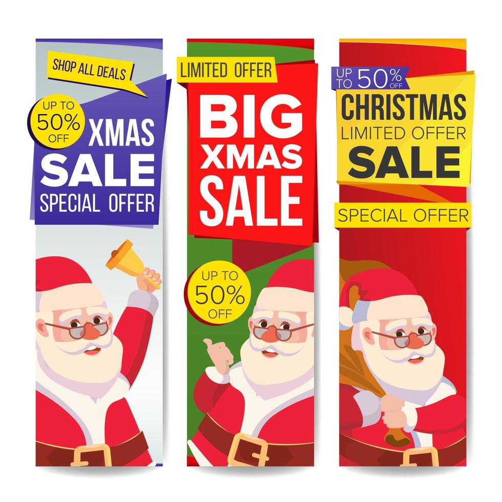 Kerstmis uitverkoop banier vector. vrolijk Kerstmis de kerstman claus. december uitverkoop spandoek. website stickers, vakantie web ontwerp. omhoog naar 50 procent uit Promotie Kerstmis verticaal spandoeken. geïsoleerd illustratie vector