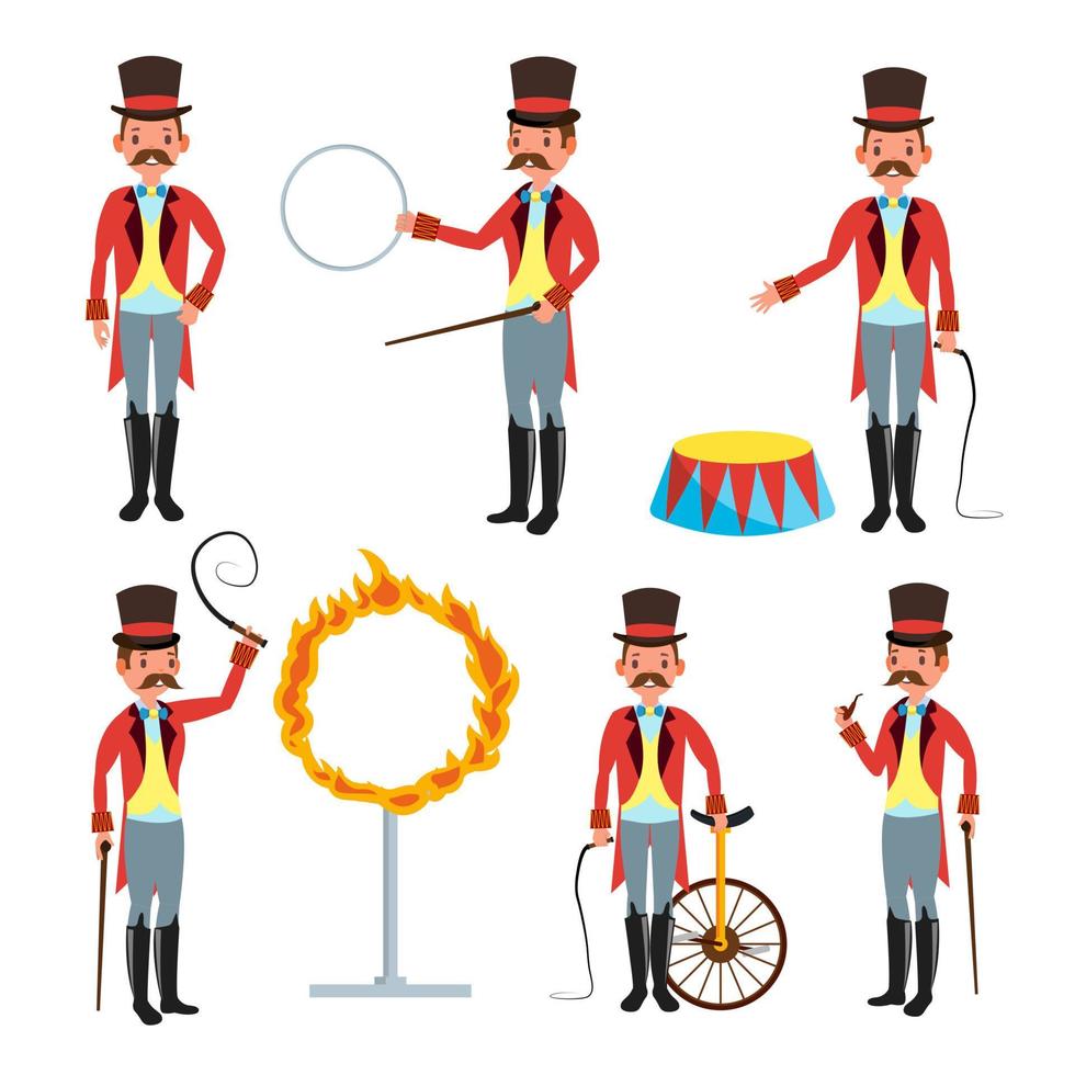 circus trainer vector. circus optredens van getraind dieren. snor, rood mantel, cilinder, zweep. geïsoleerd Aan wit tekenfilm karakter illustratie vector