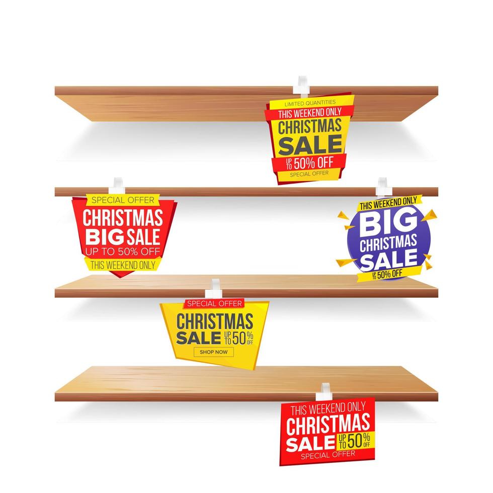 supermarkt planken, vakantie Kerstmis uitverkoop reclame wobblers vector. kleinhandel sticker concept. mega uitverkoop ontwerp. vakantie Kerstmis het beste bieden. korting sticker. uitverkoop spandoeken. geïsoleerd illustratie vector