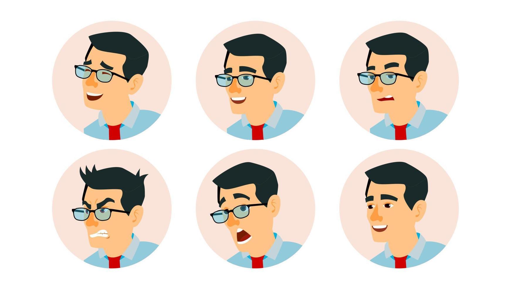 Aziatisch karakter bedrijf mensen avatar vector. Aziatisch Mens gezicht, emoties set. creatief avatar tijdelijke aanduiding. tekenfilm, grappig kunst illustratie vector