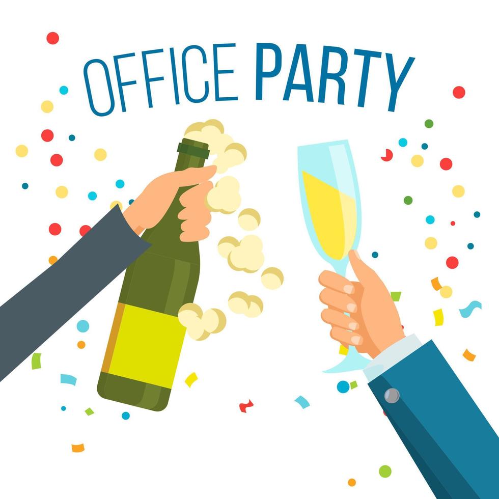 champagnes partij vector. Champagne, confetti explosie. hand- met bril. geïsoleerd illustratie vector