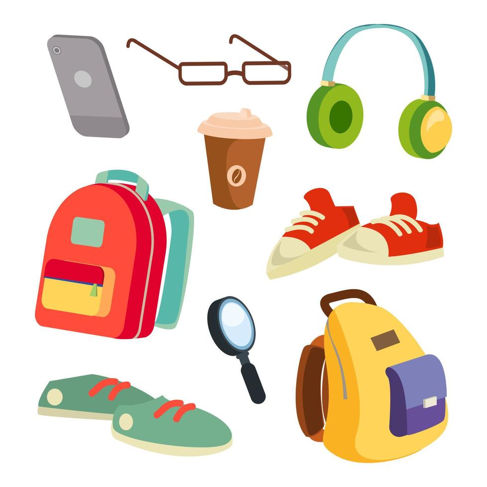 studenten items accessoires reeks vector. kleurrijk school- rugzakken. bril, telefoon, koffie mok, sportschoenen, koptelefoon, vergrootglas. geïsoleerd tekenfilm illustratie vector