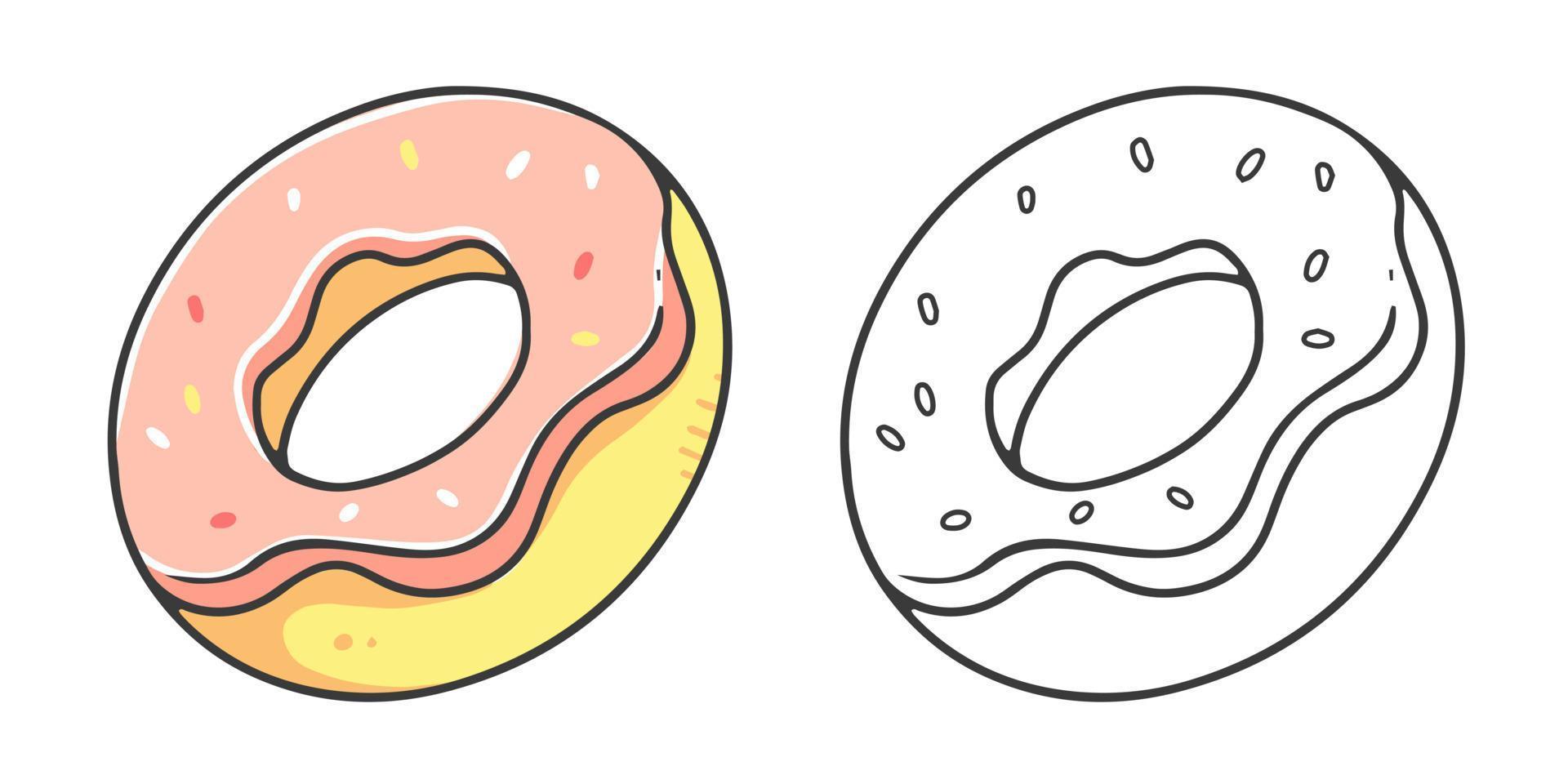 roze donut kleur boek met kleur voorbeeld voor kinderen. kleur bladzijde met voedsel. monochroom en kleur versie. vector kinderen illustratie.