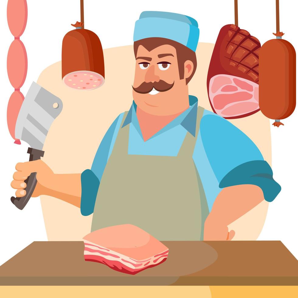 slager karakter vector. klassiek professioneel slager Mens met mes. voor steak, vlees markt, berging reclame concept. tekenfilm geïsoleerd illustratie. vector