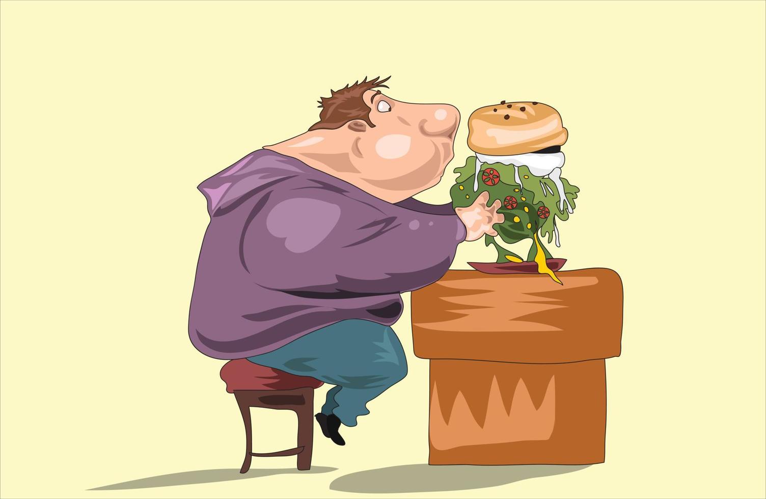 dik zwaarlijvig Mens aan het eten snel voedsel, slecht gewoonte vector illustratie