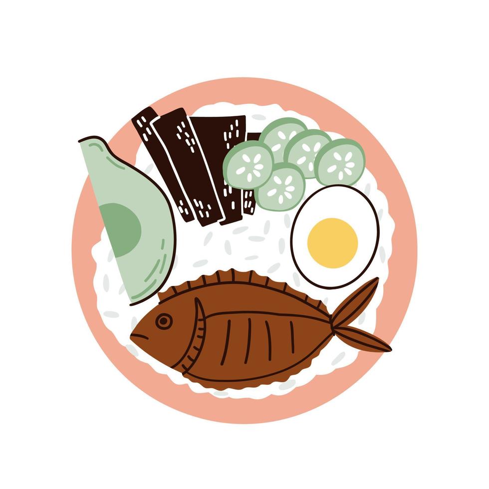 rijst- met gebakken vis, komkommers en ei. hand- getrokken vector illustratie in vlak stijl