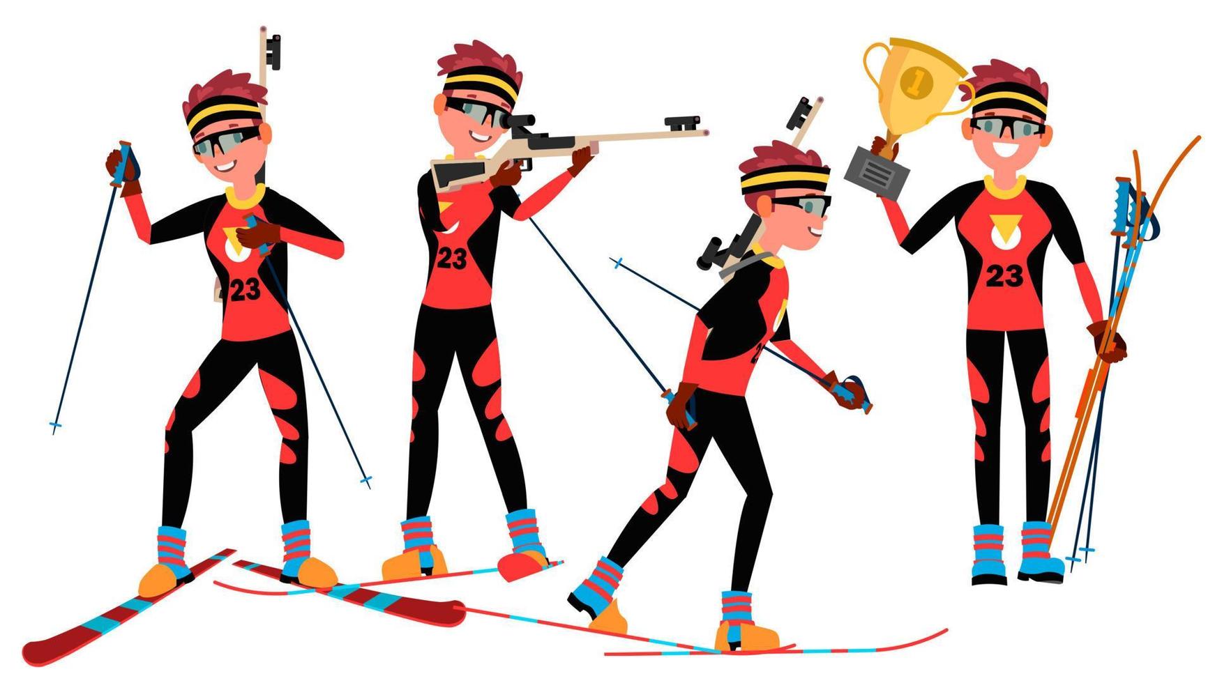 biatlon jong Mens speler vector. Mens. het schieten bereik. het richten met competitief pistool. vlak atleet tekenfilm illustratie vector