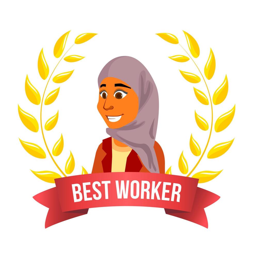 het beste arbeider werknemer vector. Arabisch vrouw. manager. winnend trofee. prijs goud lauwerkrans. succes bedrijf tekenfilm illustratie vector