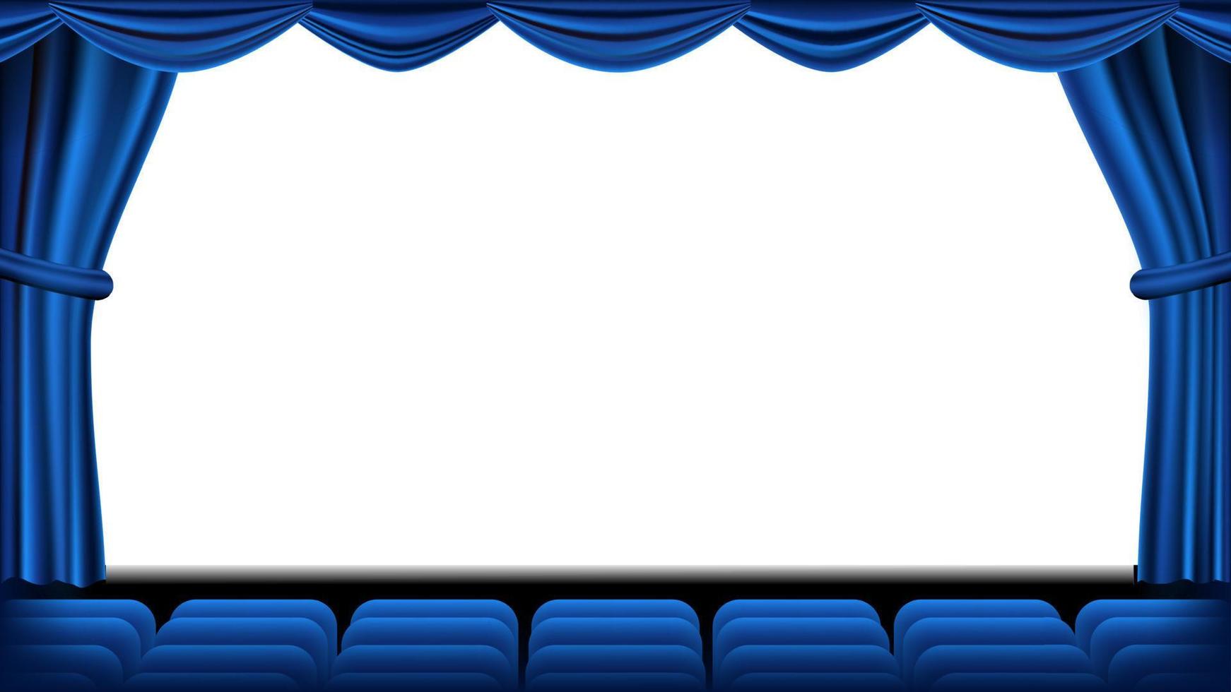 auditorium met zitplaatsen vector. blauw gordijn. theater, bioscoop scherm en stoelen. stadium en stoelen. blauw gordijn. theater. realistisch illustratie. vector