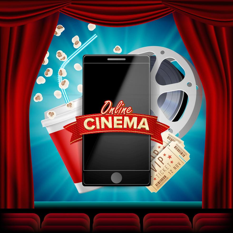 online bioscoop vector. banier met mobiel telefoon. rood gordijn. theater. 3d online bioscoop. sjabloon voor web citeren, advertenties, poster. folder, poster. film industrie. illustratie vector