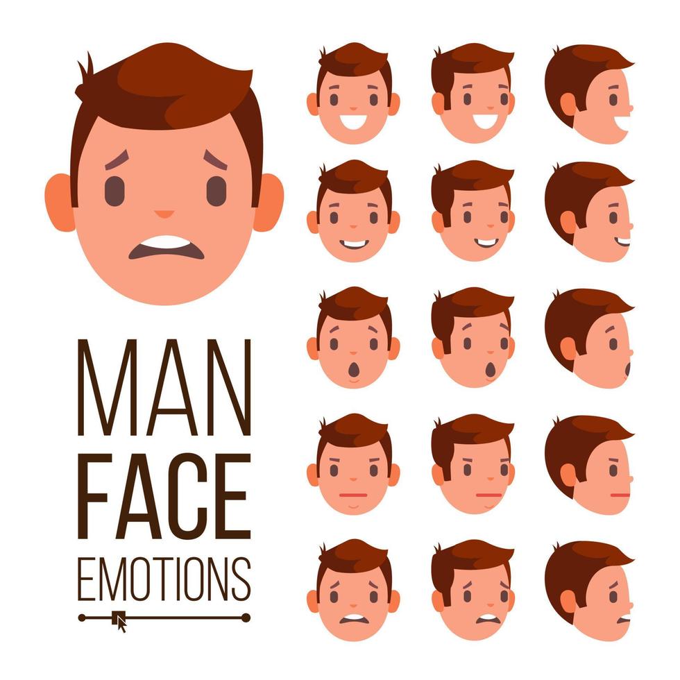Mens emoties vector. verschillend mannetje gezicht avatar uitdrukkingen set. emotioneel reeks voor animatie. geïsoleerd vlak tekenfilm illustratie vector