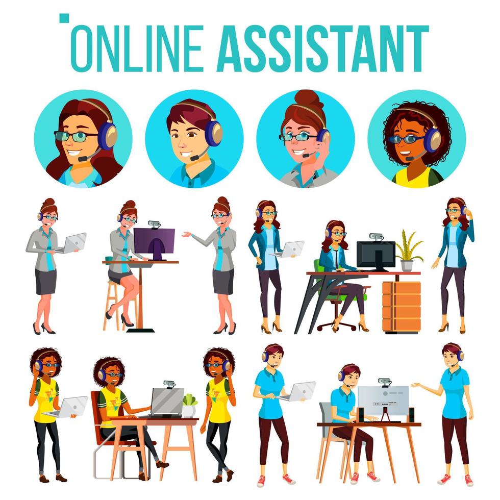 online assistent vrouw reeks vector. online globaal tech ondersteuning 24 7. adviseert cliënt. koptelefoon, hoofdtelefoon. praten. kantoor arbeiders Bij de computer. bijstand en begeleiding. illustratie vector