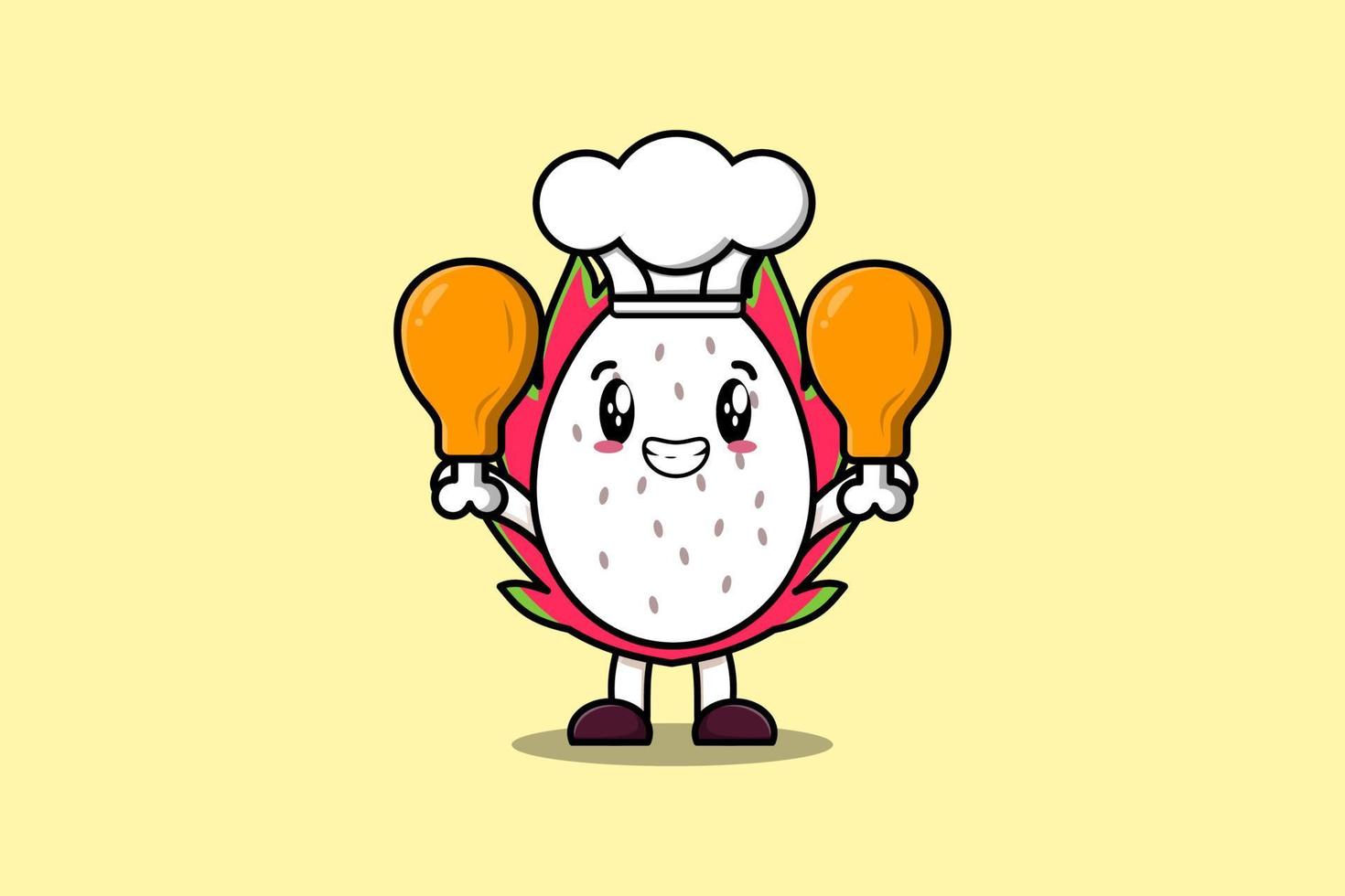 schattig tekenfilm draak fruit chef houden kip dijen vector