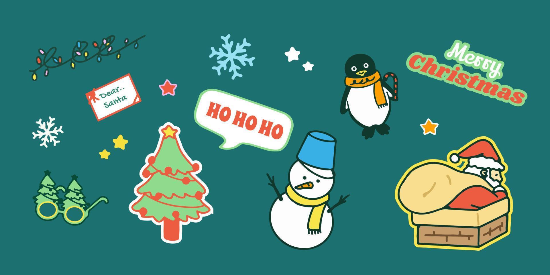 verzameling van Kerstmis decoraties, vakantie geschenken, winter gebreid wollen kleren, gember brood, bomen, cadeaus en pinguïn. kleurrijk vector illustratie in vlak tekenfilm stijl
