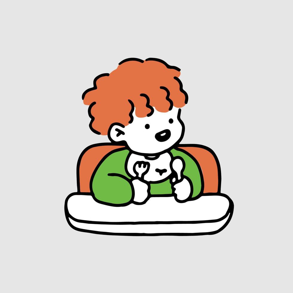 schattig tekenfilm gelukkig kleuter jongen aan het eten. vector illustratie geïsoleerd Aan achtergrond
