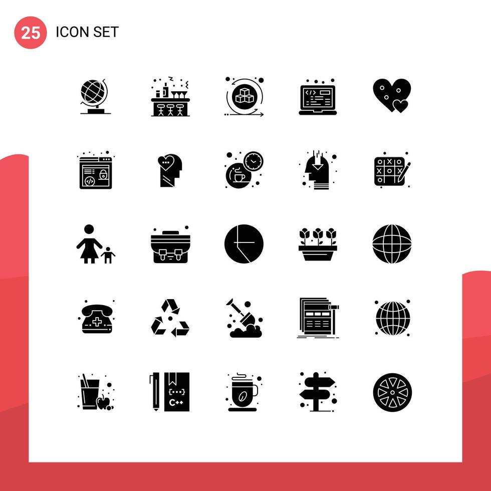 pictogram reeks van 25 gemakkelijk solide glyphs van liefde html milieu programmering codering bewerkbare vector ontwerp elementen