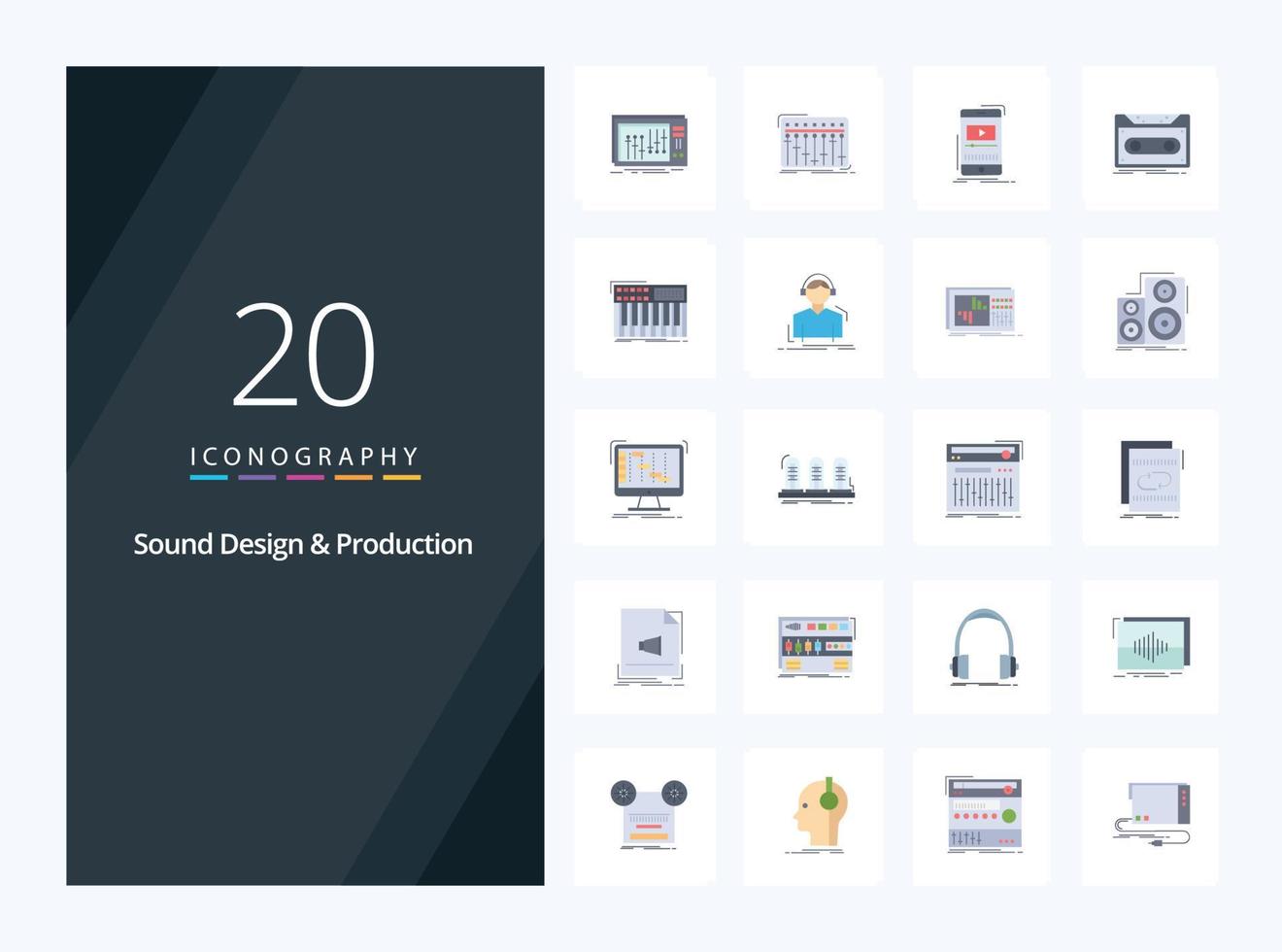 20 geluid ontwerp en geluid productie vlak kleur icoon voor presentatie vector