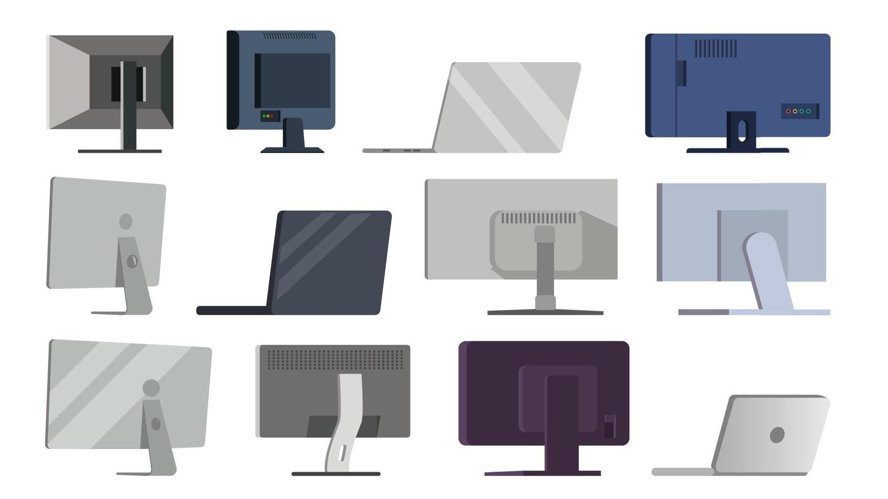 toezicht houden op reeks vector. verschillend types modern monitoren, laptop. kantoor, huis, computer monitoren scherm, digitaal Scherm. hd apparaatje. ultra hd elektronisch pc. geïsoleerd vlak tekenfilm illustratie vector