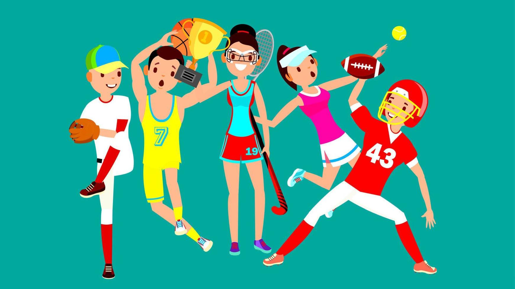 atleet reeks vector. Mens, vrouw. basketbal, basketbal, veld- hockey, tennis, Amerikaans Amerikaans voetbal. groep van sport- mensen in uniform, kleding. sportman karakter in spel actie. vlak tekenfilm illustratie vector