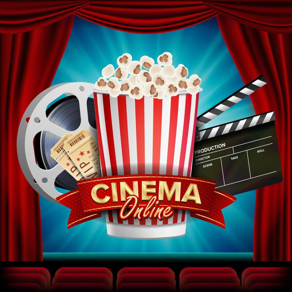 online bioscoop banier vector. realistisch. film industrie thema. doos van popcorn, elementen van de film theater. theater gordijn. illustratie vector