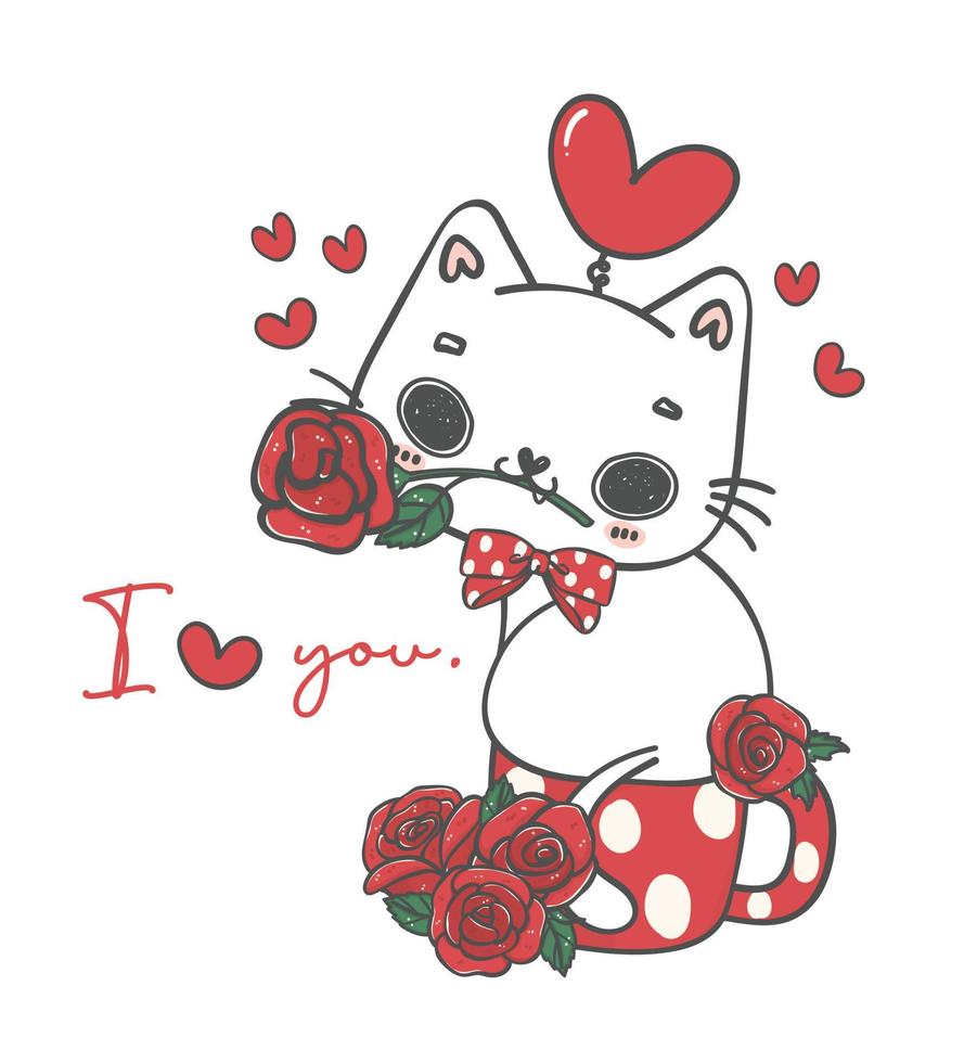 schattig kawaii romantisch wit kat zittend Aan rood rozen bloemen mok, ik liefde jij, huisdier dier tekenfilm karakter hand- tekening illustratie vector