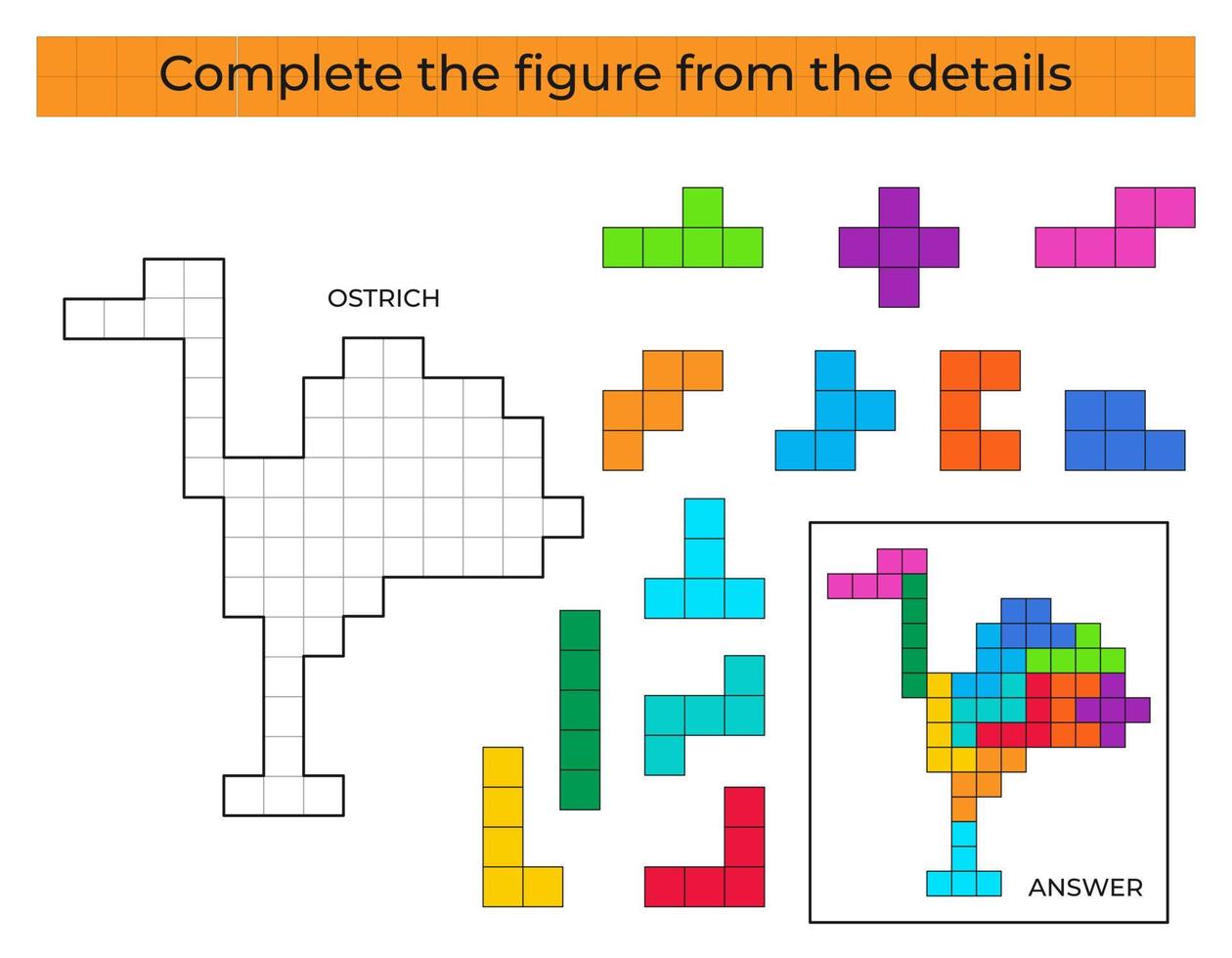 puzzel spel met struisvogel. kleurrijk details voor kinderen. compleet figuur. onderwijs spel voor kinderen, peuter- werkblad werkzaamheid. puzzel spel. vector illustratie.