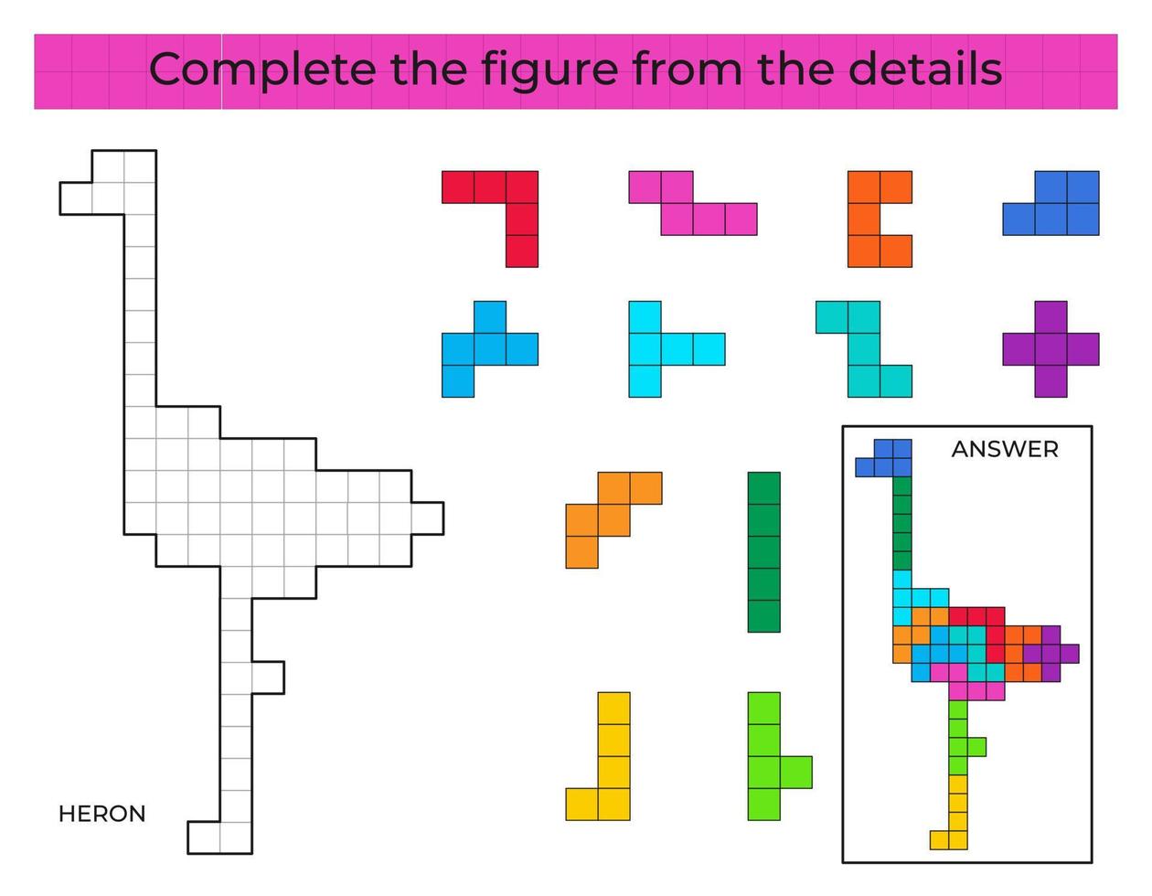 puzzel spel met reiger. kleurrijk details voor kinderen. compleet figuur. onderwijs spel voor kinderen, peuter- werkblad werkzaamheid. puzzel spel. vector illustratie.