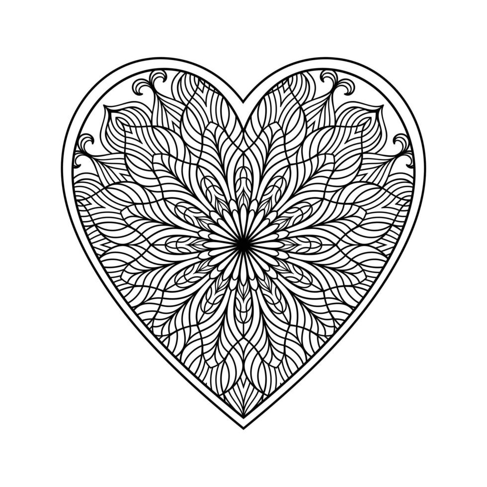 hart mandala kleur bladzijde voor volwassen, hart met bloemen mandala patroon kunst, hart vormig mandala bloemen patroon voor kleur bladzijde, hand- getrokken hart bloemen mandala tekening voor kleur boek vector