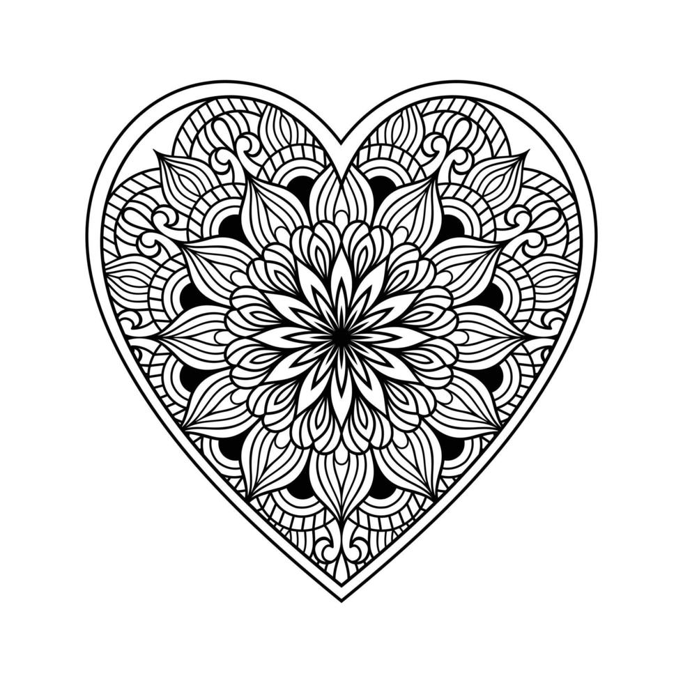 hart mandala kleur bladzijde voor volwassen, hart met bloemen mandala patroon kunst, hart vormig mandala bloemen patroon voor kleur bladzijde, hand- getrokken hart bloemen mandala tekening voor kleur boek vector