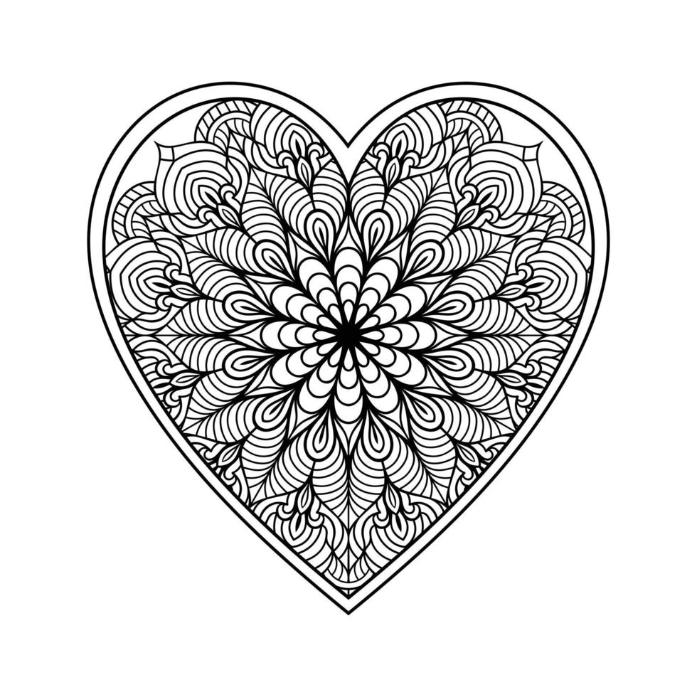 hart mandala kleur bladzijde voor volwassen, hart met bloemen mandala patroon kunst, hart vormig mandala bloemen patroon voor kleur bladzijde, hand- getrokken hart bloemen mandala tekening voor kleur boek vector