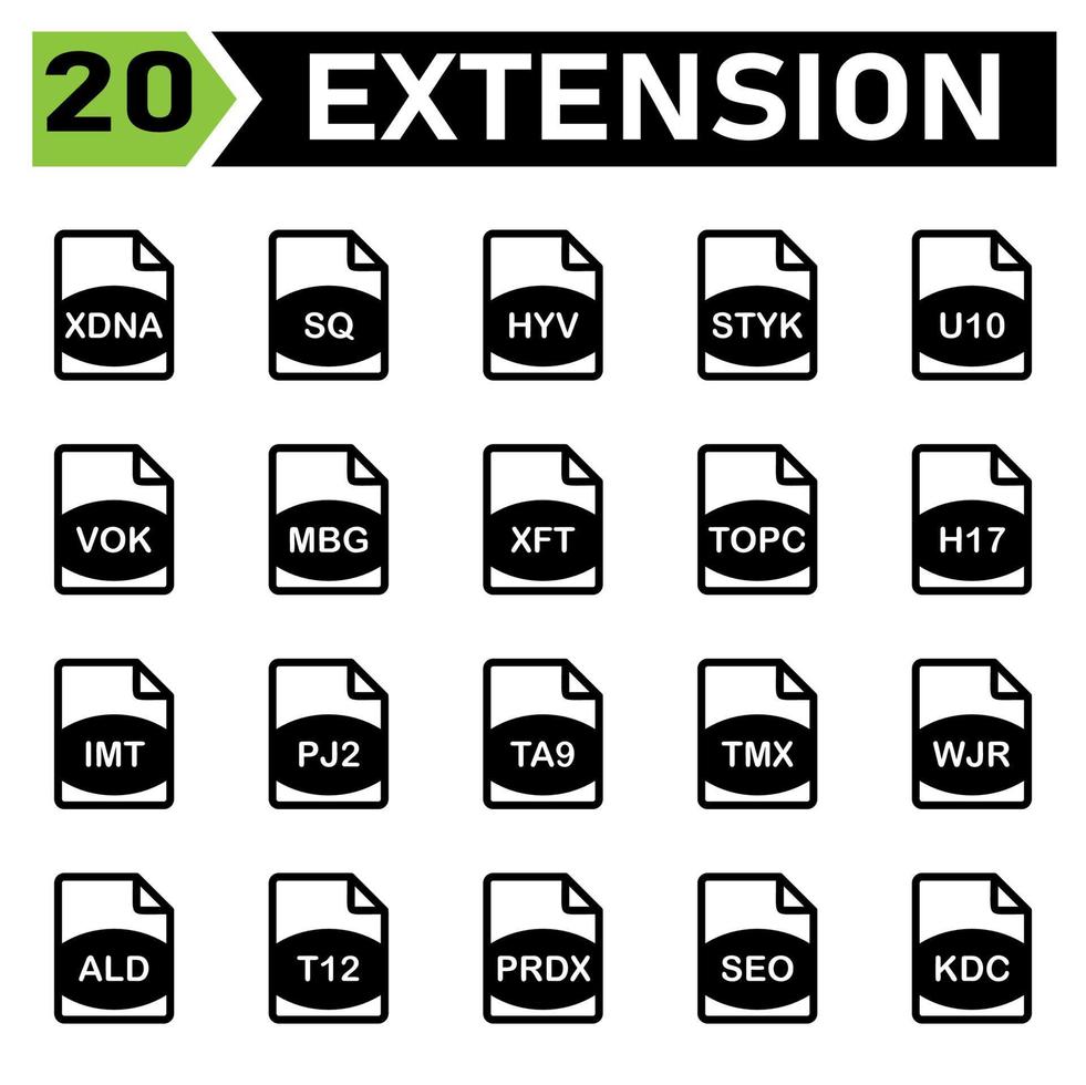 het dossier uitbreiding icoon omvatten xdna, vierkante, hyv, stik, u10, vok, mbg, xft, top, 17.00 uur, imt, pj2,ta9, tmx, wjr, ald, t12, prdx, seo, kdc, vector