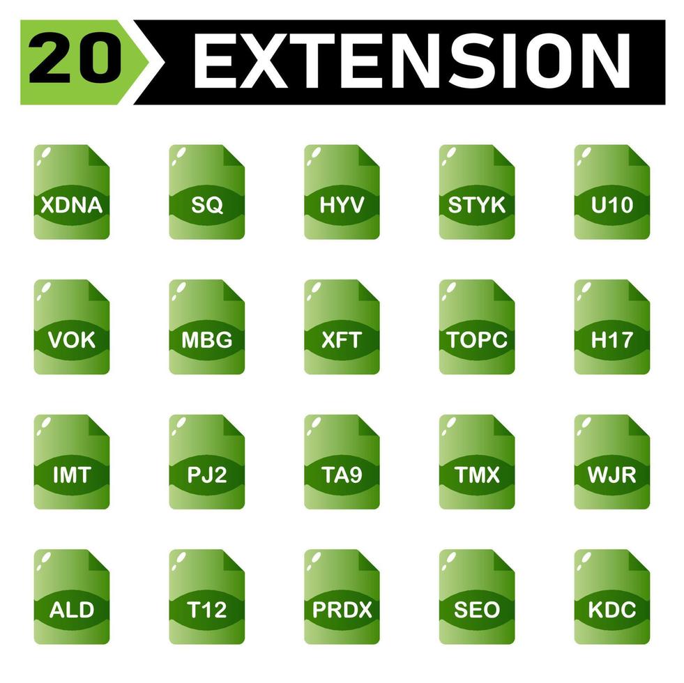 het dossier uitbreiding icoon omvatten xdna, vierkante, hyv, stik, u10, vok, mbg, xft, top, 17.00 uur, imt, pj2,ta9, tmx, wjr, ald, t12, prdx, seo, kdc, vector