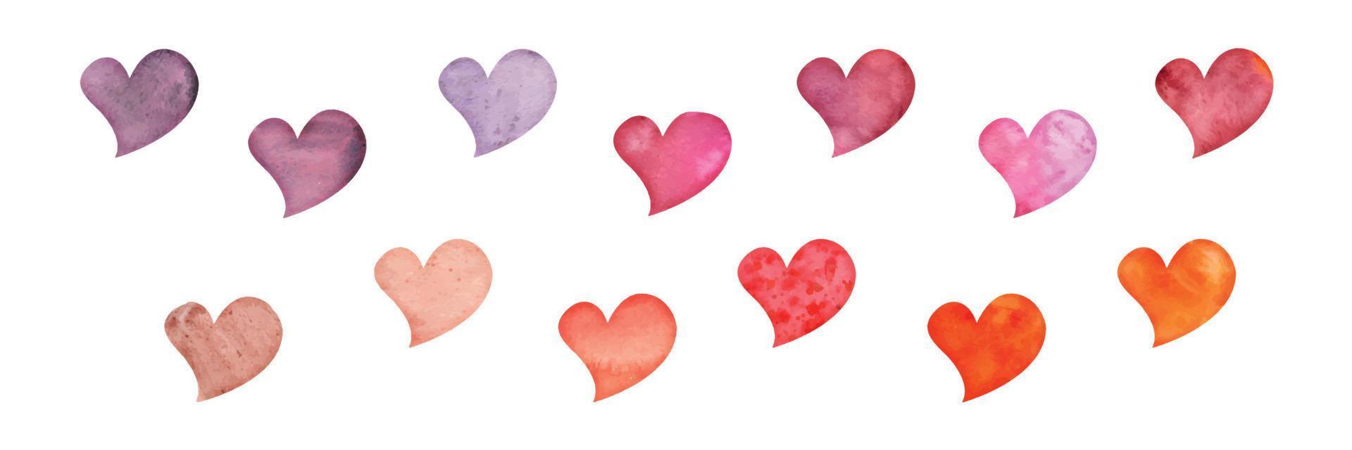 waterverf hand- getrokken reeks van voorwerpen, getextureerde rood, roze en Purper harten voor Valentijnsdag dag. geïsoleerd Aan wit achtergrond. ontwerp voor papier, liefde, groet kaarten, textiel, afdrukken, behang, bruiloft vector