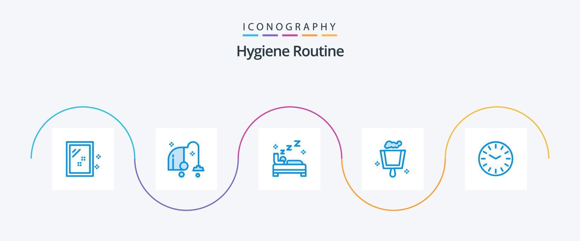 hygiëne routine- blauw 5 icoon pak inclusief schoonmaak. tijd. bed. vegen. bezem vector