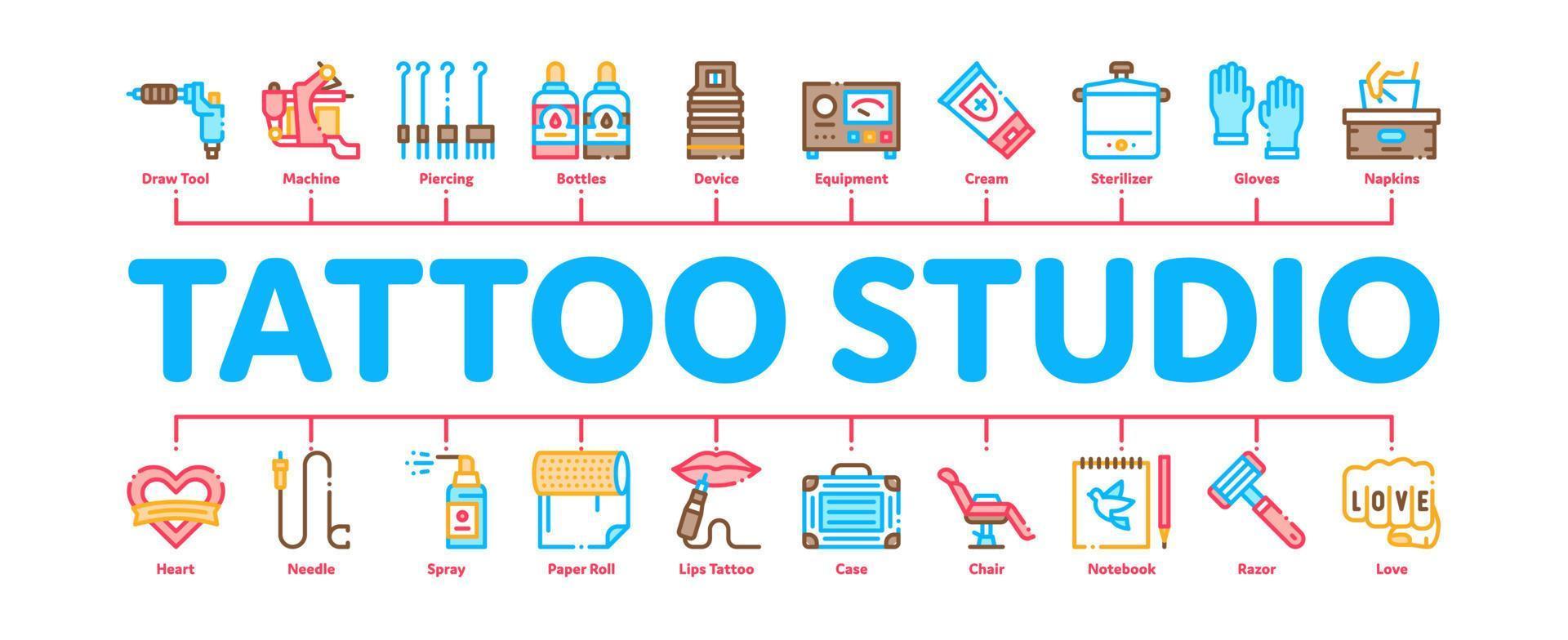 tatoeëren studio gereedschap minimaal infographic banier vector