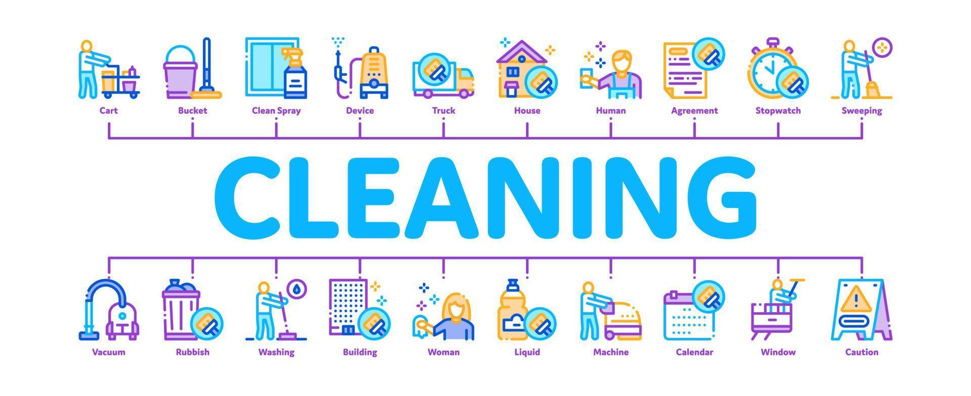 schoonmaak onderhoud gereedschap minimaal infographic banier vector