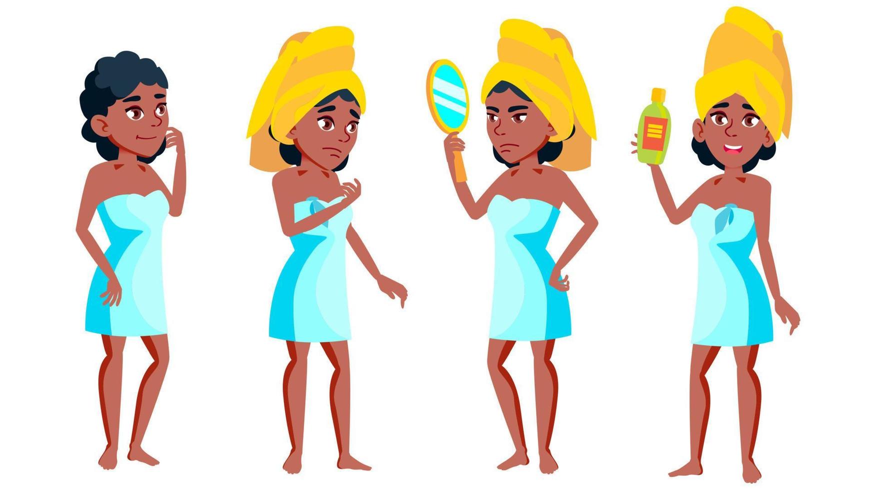 tiener meisje poses reeks vector. zwart. afro Amerikaans. vrije tijd, glimlach. voor web, brochure, poster ontwerp. geïsoleerd tekenfilm illustratie vector