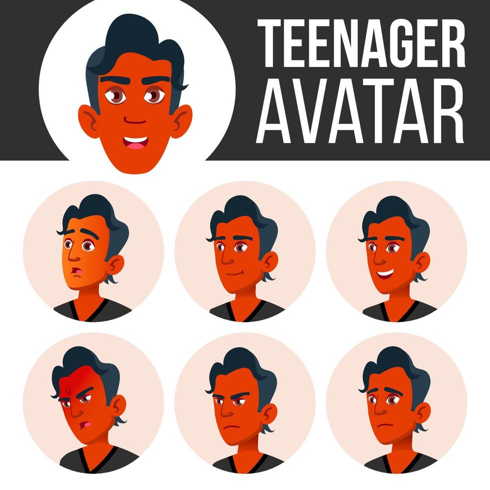 tiener jongen avatar reeks vector. gezicht emoties. vlak, portret. Indisch, Hindoe. aziatisch. jeugd, Kaukasisch. tekenfilm hoofd illustratie vector