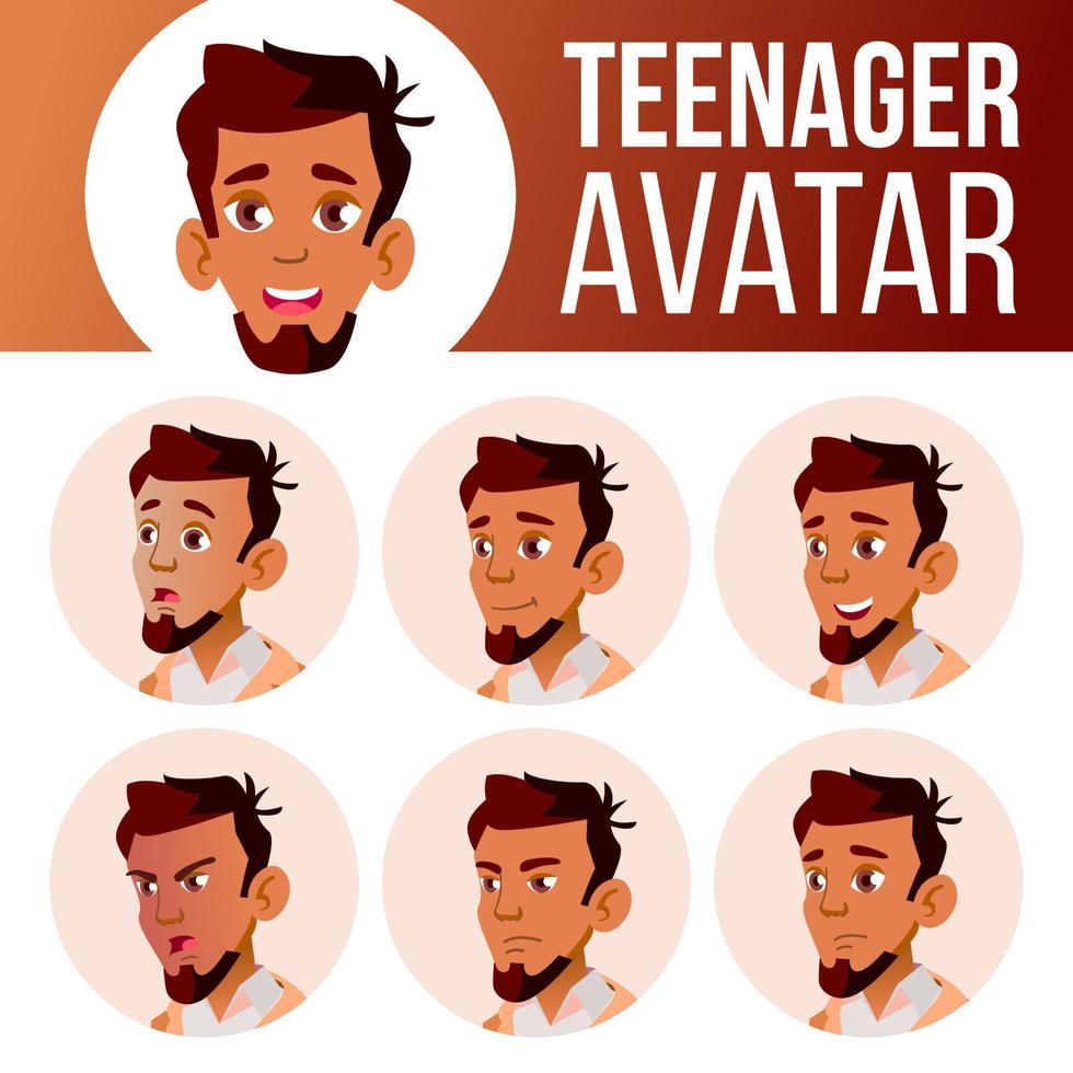 arabisch, moslim tiener jongen avatar reeks vector. gezicht emoties. gebruiker, karakter. plezier, vrolijk. tekenfilm hoofd illustratie vector