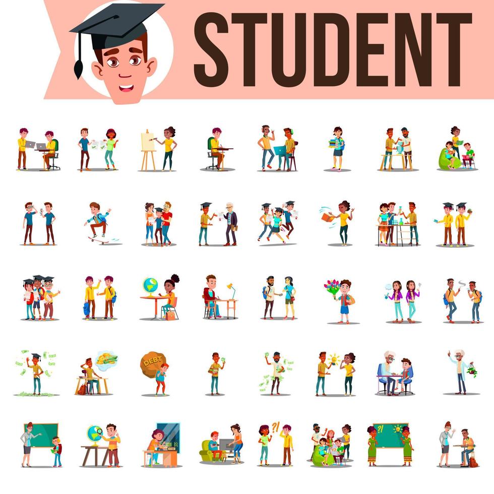 leerling reeks vector. levensstijl situaties. uitgeven tijd, Bij middelbare school, Universiteit, campus, school, huis, buitenshuis. geïsoleerd tekenfilm illustratie vector